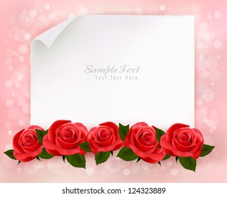 Holiday background with sheet of paper and red flowers. Vector