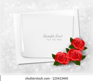 Holiday background with sheet of paper and red flowers. Valentines background. Vector