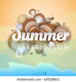 Holiday background. Shell on the waves. Vector eps 10.