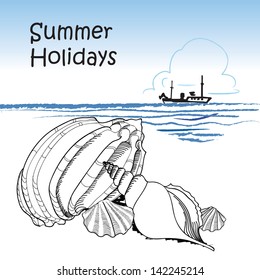 Holiday background. Shells on the ocean beach. Cruise wallpaper in retro style with copy space.
