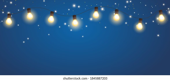 Holiday background. Shining light bulb garland, vector decoration. String of golden Christmas lights. Illuminated holiday border, frame. For wedding or birthday cards, New Year banners, party posters