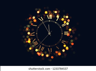 Holiday Background with shining vintage golden clock, bright glowing gold lights bokeh.