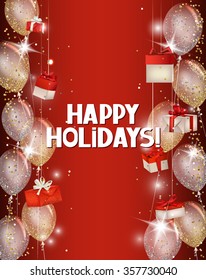 Holiday background with shiny confetti, red gift box and air balloons