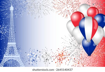 Holiday background with shiny fireworks, realistic 3D balloons and  copy space. Banner template with festive abstract elements. National day celebrating backdrop with blue, white and red colours.