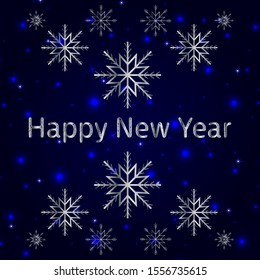 Holiday background. Silvery snowflakes on a bright blue background with twinkling glare and stars.