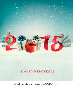 Holiday background with snow, presents and a 2015. Vector.