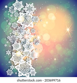 Holiday background and snowflakes and lights. Copy space