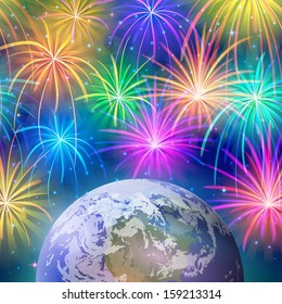 Holiday background, space with planet mother Earth, stars and firework. Elements of this image furnished by NASA (www.visibleearth.nasa.gov). Eps10, contains transparencies. Vector