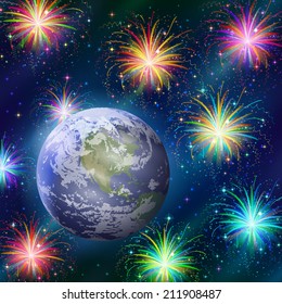 Holiday background, space with planet mother Earth, stars and firework. Elements of this image furnished by NASA