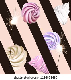 Holiday background with sparklers and cream cakes. Vector illustration