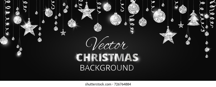 Holiday background with sparkling Christmas glitter ornaments. Silver fiesta border, festive garland with hanging balls and ribbons on black. Great for New year party posters, headers.
