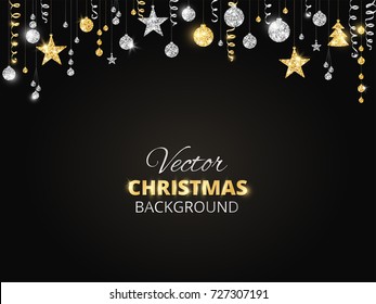 Holiday Background With Sparkling Christmas Glitter Ornaments. Gold And Silver Fiesta Border, Garland With Hanging Balls And Ribbons On Black. Great For New Year Party Posters, Headers.