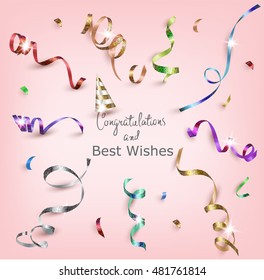 Holiday background with sparkling realistic colorful serpentine.  Vector illustration