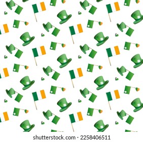 holiday background for st patricks day with traditional flags, clover leaves, top hat, flag of ireland