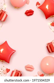 Holiday background template for birthday, wedding, Valentine's day. Design with realistic 3d decorative objects. Balloons red-pink color, gift box. Frame with elements along the border. Space for text