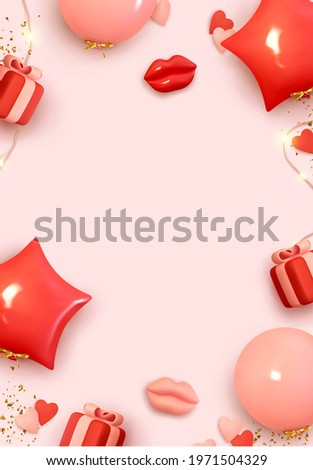 Holiday background template for birthday, wedding, Valentine's day. Design with realistic 3d decorative objects. Balloons red-pink color, gift box. Frame with elements along the border. Space for text