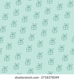 Holiday background template with festive boxes and bows. Seamless outline pattern with holiday symbols in vector in doodle style.