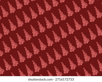 A holiday background texture featuring a repetitive pattern of stylized, hand-drawn pink Christmas trees in a scribble art style over a deep red backdrop.