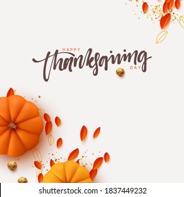 Holiday background Thanksgiving day. Realistic 3d orange pumpkins, fall foliage. Flat top view. Gift card, Festive poster, web banner, brochure, cover, flyer. Vector illustration