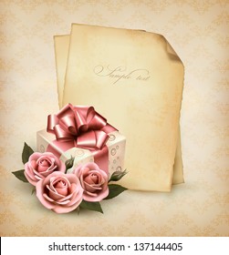 Holiday background with three roses, a present and vintage paper. Love letter concept. Vector.