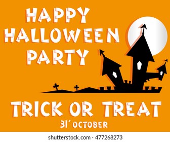 Holiday background. Title Happy Halloween party Trick or Treat from pieces paper and scary castle vampire, crosses. Concept banner, flyer, poster. Vector illustration in flat style or baby applique