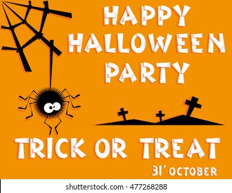Holiday background. Title Happy Halloween party Trick or Treat from pieces paper and spider, web, crosses. Concept for design banner, flyer, poster. Vector illustration in flat style or baby applique