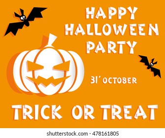 Holiday background. Title Happy Halloween party Trick or Treat and scary pumpkin backdrop on bats. Concept for design banner, flyer, poster. Vector illustration in flat or applique from paper style