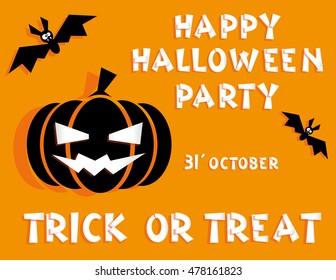 Holiday background. Title Happy Halloween party Trick or Treat and scary pumpkin backdrop on bats. Concept for design banner, flyer, poster. Vector illustration in flat or applique from paper style