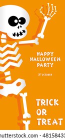 Holiday background. Title Happy Halloween party Trick or Treat and skeleton. Concept for design banner, flyer, poster. Vector illustration in flat or kids paper applique style