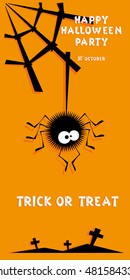 Holiday background. Title Happy Halloween party Trick or Treat and spider, crosses. Concept for design banner, flyer, poster. Vector illustration in flat or kids paper applique style
