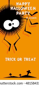 Holiday background. Title Happy Halloween party Trick or Treat and spider, crosses. Concept for design banner, flyer, poster. Vector illustration in flat or kids paper applique style