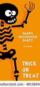 Holiday background. Title Happy Halloween party Trick or Treat and skeleton. Concept for design banner, flyer, poster. Vector illustration in flat or kids paper applique style