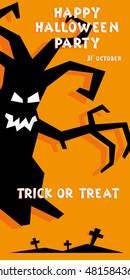 Holiday background. Title Happy Halloween party Trick or Treat and scary tree, crosses. Concept for design banner, flyer, poster. Vector illustration in flat or kids paper applique style