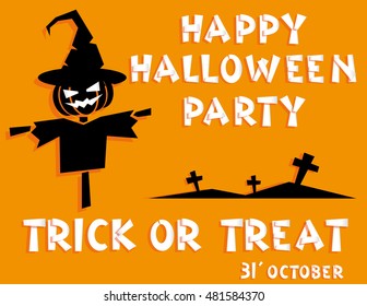Holiday background. Title Happy Halloween party Trick or Treat and scarecrow, crosses. Concept for design banner, flyer, poster. Vector illustration in flat or kids paper applique style