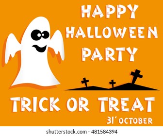 Holiday background. Title Happy Halloween party Trick or Treat and ghost, crosses. Concept for design banner, flyer, poster. Vector illustration in flat or kids paper applique style
