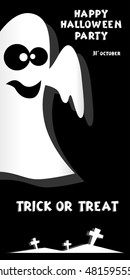 Holiday background. Title Happy Halloween party Trick or Treat and ghost, crosses. Concept for design banner, flyer, poster. Vector illustration in flat or kids paper applique style