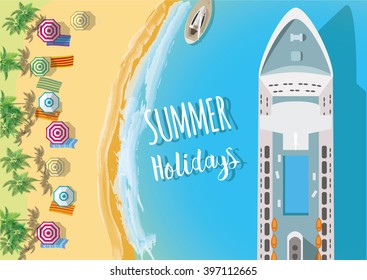 Holiday Background. Top view of sea, ship and beach with sand, umbrellas. Flat vector illustration.