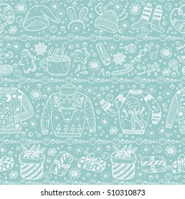 Holiday Background. Ugly Christmas Sweater Party. Vector Xmas Seamless Pattern. Hand Drawn Doodle Christmas Clothes, Gifts Boxes, Sweets, Gingerbread Cookies, Mulled Wine, Spice, Snowball