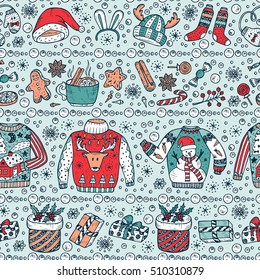 Holiday background. Ugly Christmas Sweater Party. Vector Xmas Seamless pattern. Hand Drawn Doodle Christmas clothes, gifts boxes, sweets, gingerbread cookies, mulled wine, spice, snowball