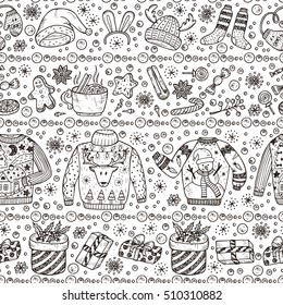 Holiday Background. Ugly Christmas Sweater Party. Vector Xmas Seamless Pattern. Hand Drawn Doodle Christmas Clothes, Gifts Boxes, Sweets, Gingerbread Cookies, Mulled Wine, Spice, Snowball