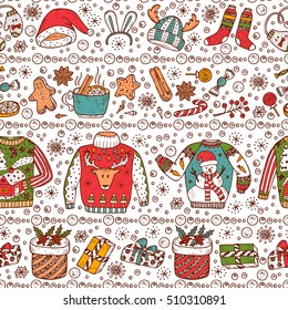 Holiday background. Ugly Christmas Sweater Party. Vector Xmas Seamless pattern. Hand Drawn Doodle Christmas clothes, gifts boxes, sweets, gingerbread cookies, mulled wine, spice, snowball