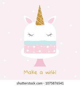 Holiday background with unicorn cake and gold glitter horn. Vector hand drawn illustration.