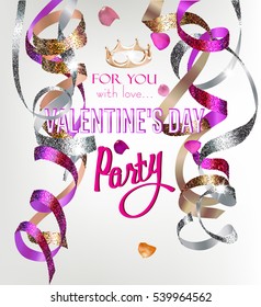 Holiday background. Valentine's Day Party invitation card with realistic hanging sparkling serpentine and rose petals. Vector illustration