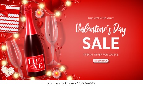 Holiday background for Valentine's Day sale. Vector illustration with top view on realistic bottle of champagne, glasses of champagne, gift box, garland and red confetti. Promo seasonal offer.