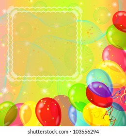Holiday background with various color balloons, frame, curves and stars. Vector eps10, contains transparencies