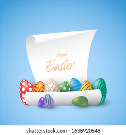 Holiday background with various Easter eggs on a paper. Vector Illustration, EPS 10.