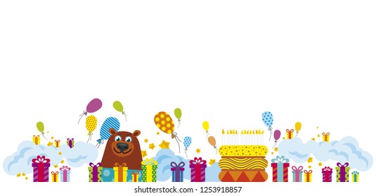 Holiday background. Vector flat illustration of colorful gifts and balloons. Cake with candels and brown smiling bear.