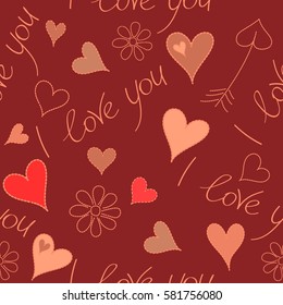 Holiday background. Vector hearts, flower and love seamless pattern in red and orange colors. Vector doodle illustration.