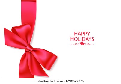 Holiday background with vertical red ribbon and decorative bow. Vector illustration