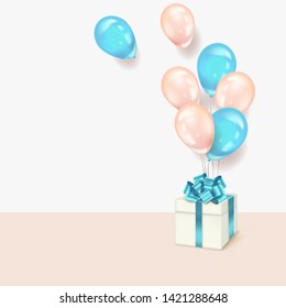 Holiday background with white gift box and balloons. Vector illustration.